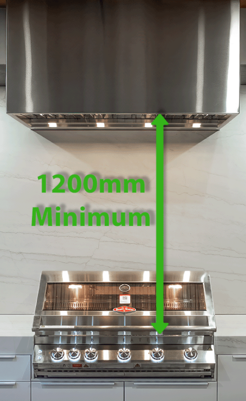 Alfresco BBQ rangehood installation showing 1200mm minimum clearance between barbecue grill and rangehood, as required for compliance.